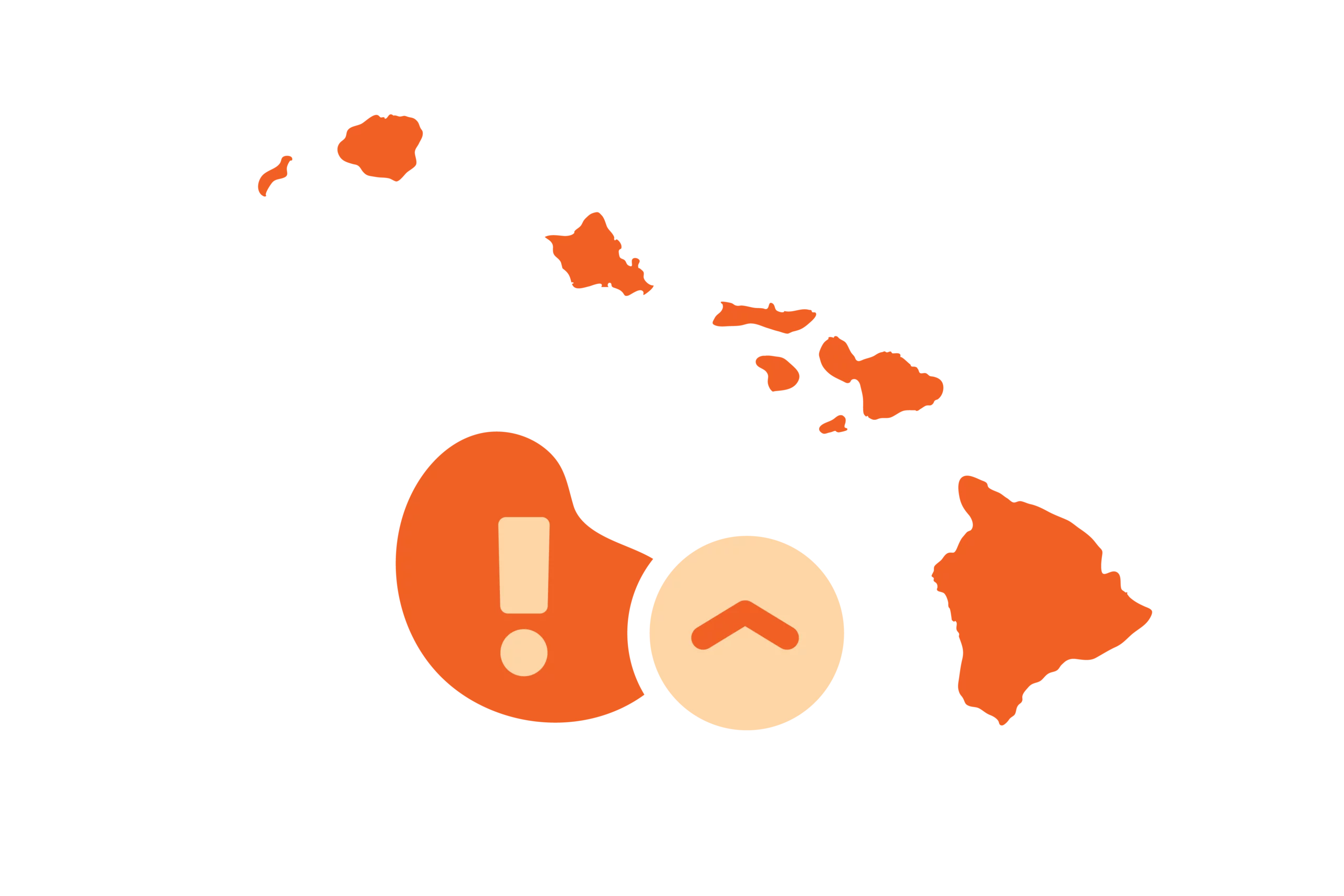Illustration of the Hawaiian islands with an exclamation mark and arrow pointing upward.