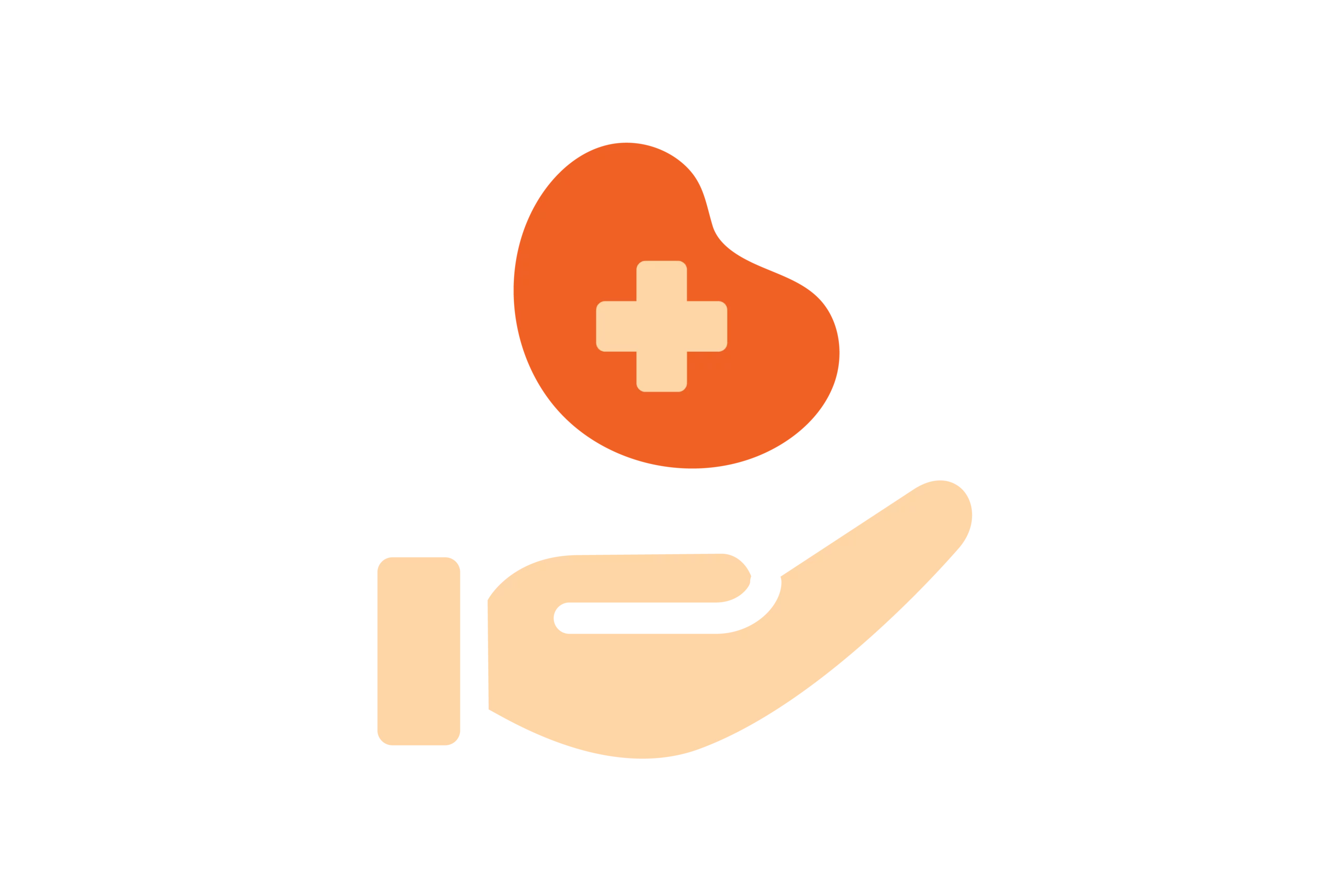 Illustration of a hand holding a kidney containing a health plus sign.